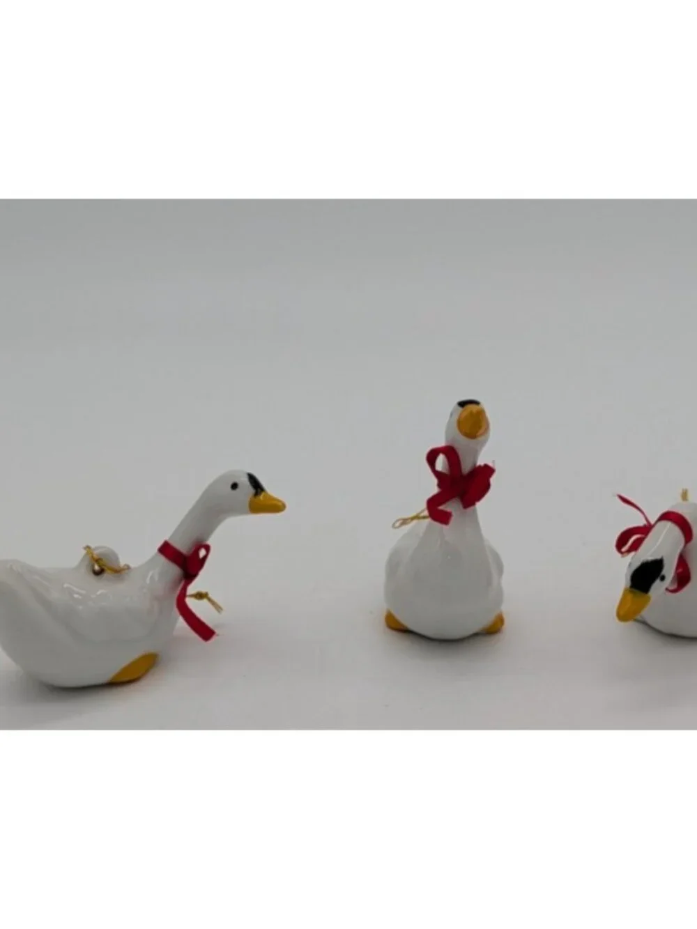 lot of 3 WHITE CERAMIC DUCK GOOSE geese w/RED BOW 2.5” ORNAMENT